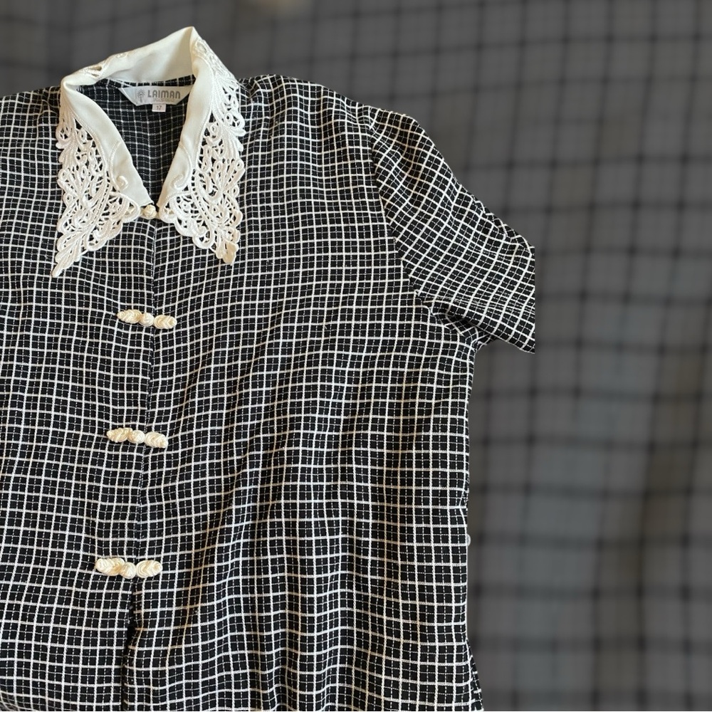 Black and White Checkered Blouse with Lace Collar